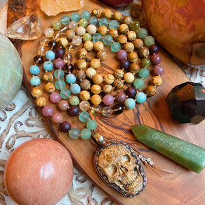 Reserved - Pre-Order - Desert Enchantment Mala Necklace Set - Picture Jasper Skull + Emerald + Green Garnet + Golden Rutile Quartz