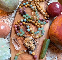 Load image into Gallery viewer, Reserved - Pre-Order - Desert Enchantment Mala Necklace Set - Picture Jasper Skull + Emerald + Green Garnet + Golden Rutile Quartz