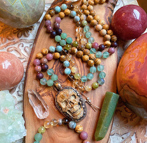 Reserved - Pre-Order - Desert Enchantment Mala Necklace Set - Picture Jasper Skull + Emerald + Green Garnet + Golden Rutile Quartz