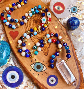 Lucky Charmed - Molten Mala Necklace - Evil Eye + Lapis Lazuli + Freshwater Shell Hamsa