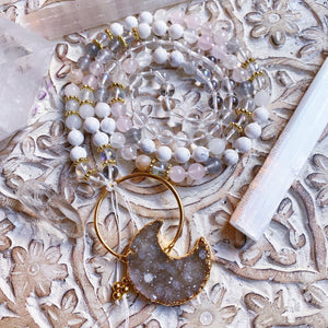 Meditating Goddess Mala Necklace - 108 beads - Selenite + Rose Quartz + Howlite + Clear Quartz + Mystic Rose Quartz + Aura Quartz