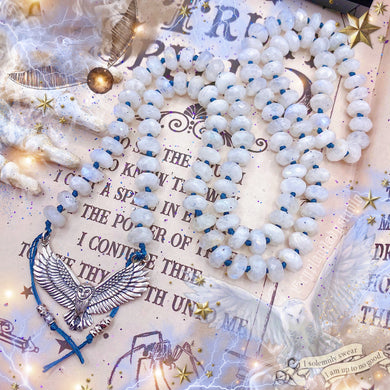 Mystic Messenger Mala Necklace  - Sterling Silver Owl + Faceted Rainbow Moonstone