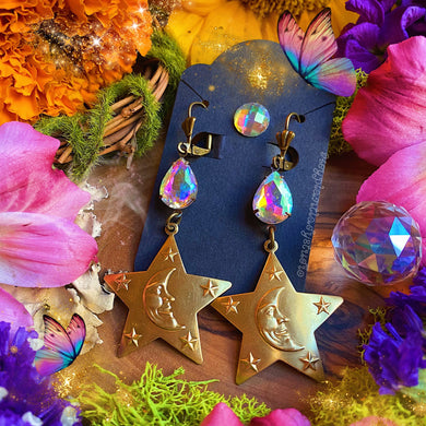 Moonglow Earrings - Rainbow Crystal + Brass Stars