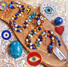 Load image into Gallery viewer, Lucky Charmed - Molten Mala Necklace - Evil Eye + Lapis Lazuli + Freshwater Shell Hamsa