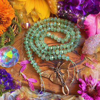 Luna Moth Fairy Mala Necklace  - 108 - Rare Natural Green Chalcedony