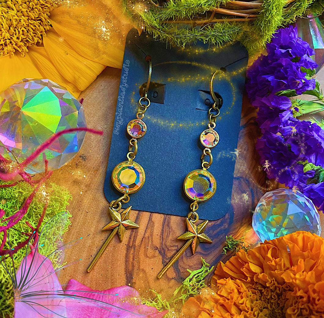 Wish Upon a Star Earrings - Swarovski Bezel + Magic Wand Dangles