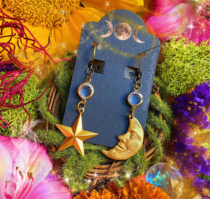 Cosmic Lovers Earrings - Moon + Star Brass