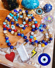 Load image into Gallery viewer, Lucky Charmed - Molten Mala Necklace - Evil Eye + Lapis Lazuli + Freshwater Shell Hamsa