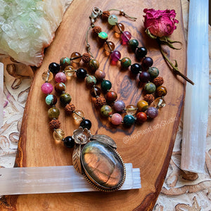 Wanderlust - 54 Mala Bead Necklace - 20" Length - Tourmaline + Rudraksha