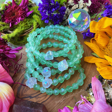 Fairy Wing Bracelet - Raw Angel Aura + Star Cut Natural Green Chalcedony
