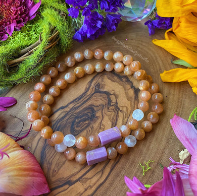 Cosmic Dance - AAA Fiery Sunstone + Rainbow Moonstone + Phosphosiderite Bracelet