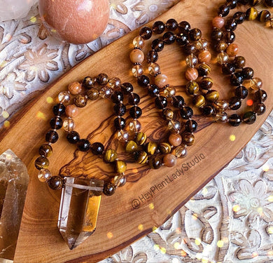 Resilience 108 Mala Necklace - Smoky Quartz + Sunstone + Tigers Eye + Bronzite