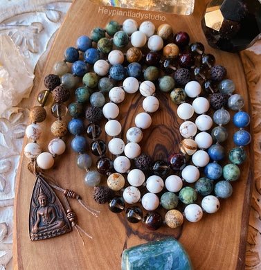 Surrender -  108 Thai Buddha Mala Necklace - Lava Beads, Dumortierite, Labradorite, Picture Jasper, Garnet