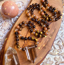 Load image into Gallery viewer, Resilience 108 Mala Necklace - Smoky Quartz + Sunstone + Tigers Eye + Bronzite