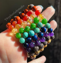 Load image into Gallery viewer, 7 Chakra Bracelet - Rainbow Gemstone + OM Karen Hill Tribe Silver Spacer
