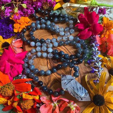 Amplified + Protected - Rare Natural Blue Rutilated Quartz + Obsidian Mala Necklace - 108 Beads