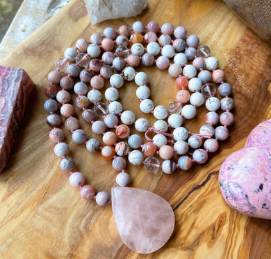 Surrounded in Love - 108 Bead Mala Necklace - Pink Botswana Agate + Rose Quartz