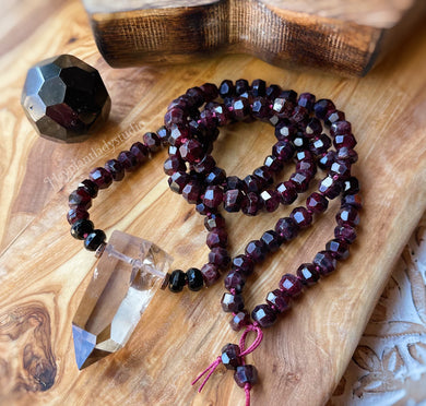 Energized Spirit - 108 Garnet + Smoky Quartz Mala Necklace