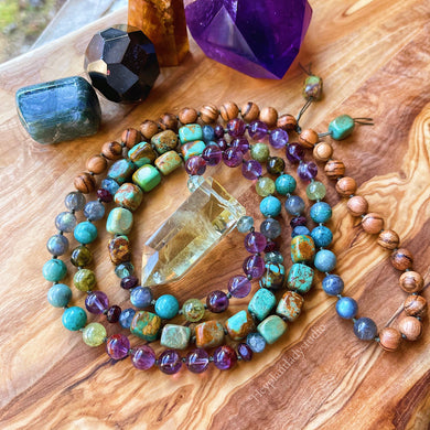 Easy Livin'  - 108 Bead Mala Necklace -Natural Turquoise, AAA Labradorite, AA Chrysocolla, AAA Fluorite AAA Green Garnet