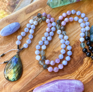 Peace on Earth - 108 Bead Mala Necklace - AAA Blue Lace Agate +AAA Shungite + AAA Labradorite + AA Kunzite + AA Moonstone