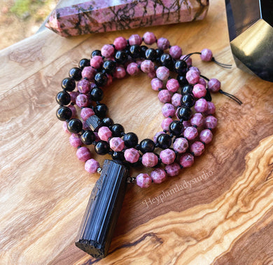 Be Present - 108 Bead Mala Necklace - AAA Diamond Prism Rhodonite + AA Black Tourmaline +Velvet Hypersthene