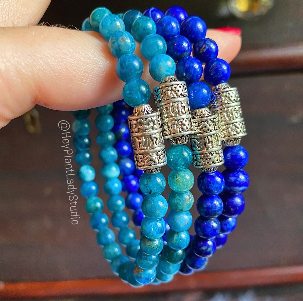 Motivated Mind Bracelet - Teal Blue Apatite + Tibetan Om Mantra Scroll Charm