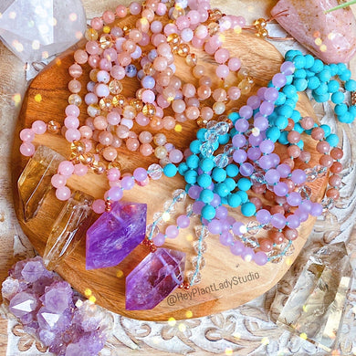 Choose Happiness Mala Necklace - Amethyst + Sunstone