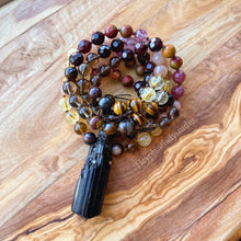 Load image into Gallery viewer, RESERVED - Lower Chakra Magic Mala - 108 Bead Mala Necklace - Garnet + Smoky Quartz + Tigers Eye + Sunstone + Citrine
