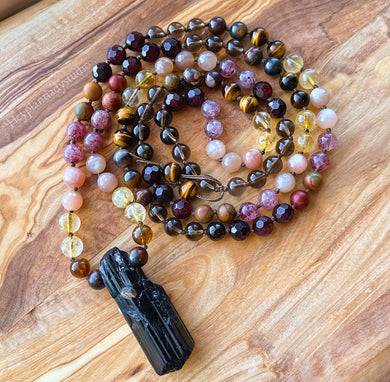 RESERVED - Lower Chakra Magic Mala - 108 Bead Mala Necklace - Garnet + Smoky Quartz + Tigers Eye + Sunstone + Citrine