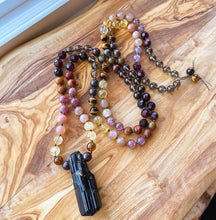 Load image into Gallery viewer, RESERVED - Lower Chakra Magic Mala - 108 Bead Mala Necklace - Garnet + Smoky Quartz + Tigers Eye + Sunstone + Citrine