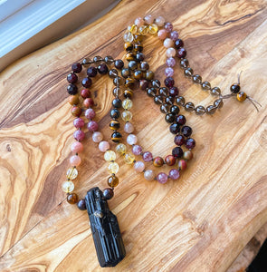 RESERVED - Lower Chakra Magic Mala - 108 Bead Mala Necklace - Garnet + Smoky Quartz + Tigers Eye + Sunstone + Citrine