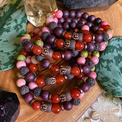 Focus Flow Mala Bracelet - Rhodonite + Red Carnelian + Unakite + Garnet Copper Buddha