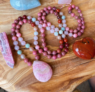 Abundant Love - Gold Vermeil + 108 - Rhodonite, AAA Rhodochrosite, Rose Quartz, Amazonite, Moonstone