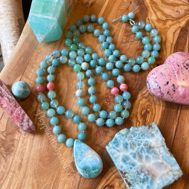 Happy Heart by the Sea Mala Necklace  - 108 - AAA Rhodochrosite, Larimar, Amazonite, Aqua Chalcedony, Gold Vermeil
