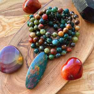 Determination + Strength Mala Necklace  - 108 - Bloodstone, Smoky Quartz, Petrified Wood, Rhyolite, Green Garnet, Natural Wood, Red Jasper, Dragonsblood Jasper