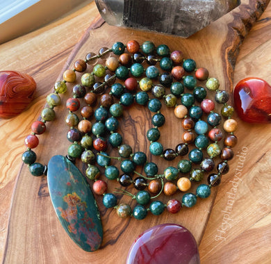 Determination + Strength Mala Necklace  - 108 - Bloodstone, Smoky Quartz, Petrified Wood, Rhyolite, Green Garnet, Natural Wood, Red Jasper, Dragonsblood Jasper