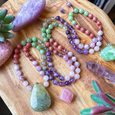 Soul Blossom  - 108 - Prehnite, Kunzite, Rhodonite, Jade, Rose Quartz, Amethyst, Lepidolite