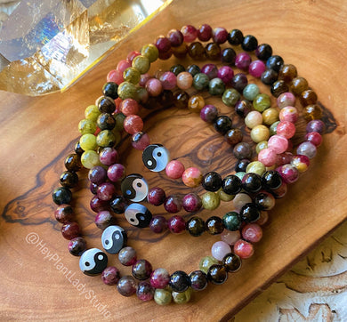 Duality Bracelet - 6mm Multicolor Tourmaline + Abalone Yin Yang