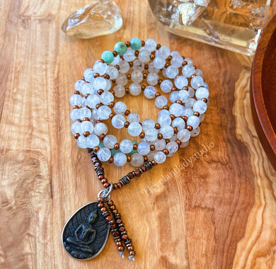 Transcendence - 108 - Luxe Rainbow Moonstone + Larimar Mala