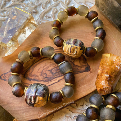 Ancient Buddha Bracelet - Chunky Statement Bracelet - African Glass + Gold Leaf Clay