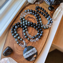 Load image into Gallery viewer, Spiritual Alchemy - 108 - Eagle Eye, Onyx, Snowflake Obsidian, Clear Quartz, Hematite, Orthoceras Fossil