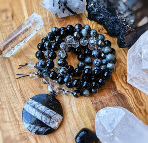 Spiritual Alchemy - 108 - Eagle Eye, Onyx, Snowflake Obsidian, Clear Quartz, Hematite, Orthoceras Fossil