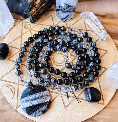 Spiritual Alchemy - 108 - Eagle Eye, Onyx, Snowflake Obsidian, Clear Quartz, Hematite, Orthoceras Fossil