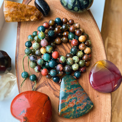 Virgo Full Moon Mala Necklace  - 108 - Bloodstone, Petrified Wood, Rhyolite, Green Garnet, Natural Wood, Red Jasper, Dragon's Blood Jasper