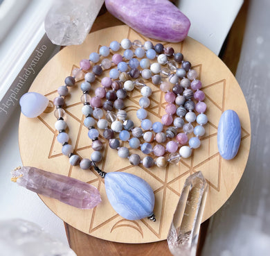 Heart of Light - 108 - Blue Chalcedony + Kunzite + Botswana Agate + Cherry Blossom Agate + Clear Quartz + Howlite