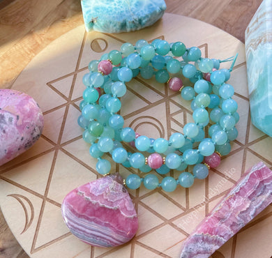 Serendipity Mala Necklace  - 108 - AAA Rhodochrosite, Amazonite, Aqua Chalcedony, Gold Vermeil