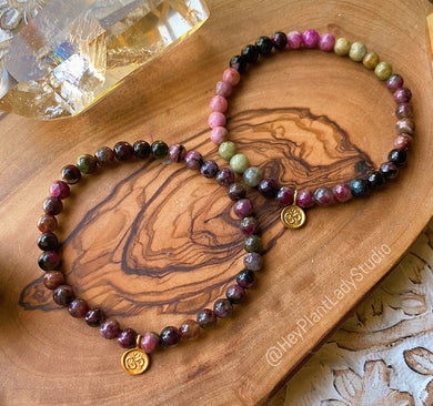 OM Bracelet - 6mm Multicolor Tourmaline + 18K Gold Vermeil Om Charm