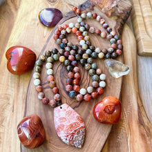 Load image into Gallery viewer, Warrior Within - 108 - Leopard Skin Jasper, Picture Jasper, Riverstone, Fire Agate, Petrified Wood, Red Jasper, Bronzite