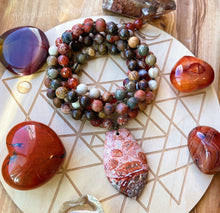 Load image into Gallery viewer, Warrior Within - 108 - Leopard Skin Jasper, Picture Jasper, Riverstone, Fire Agate, Petrified Wood, Red Jasper, Bronzite