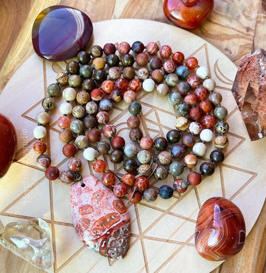 Warrior Within - 108 - Leopard Skin Jasper, Picture Jasper, Riverstone, Fire Agate, Petrified Wood, Red Jasper, Bronzite
